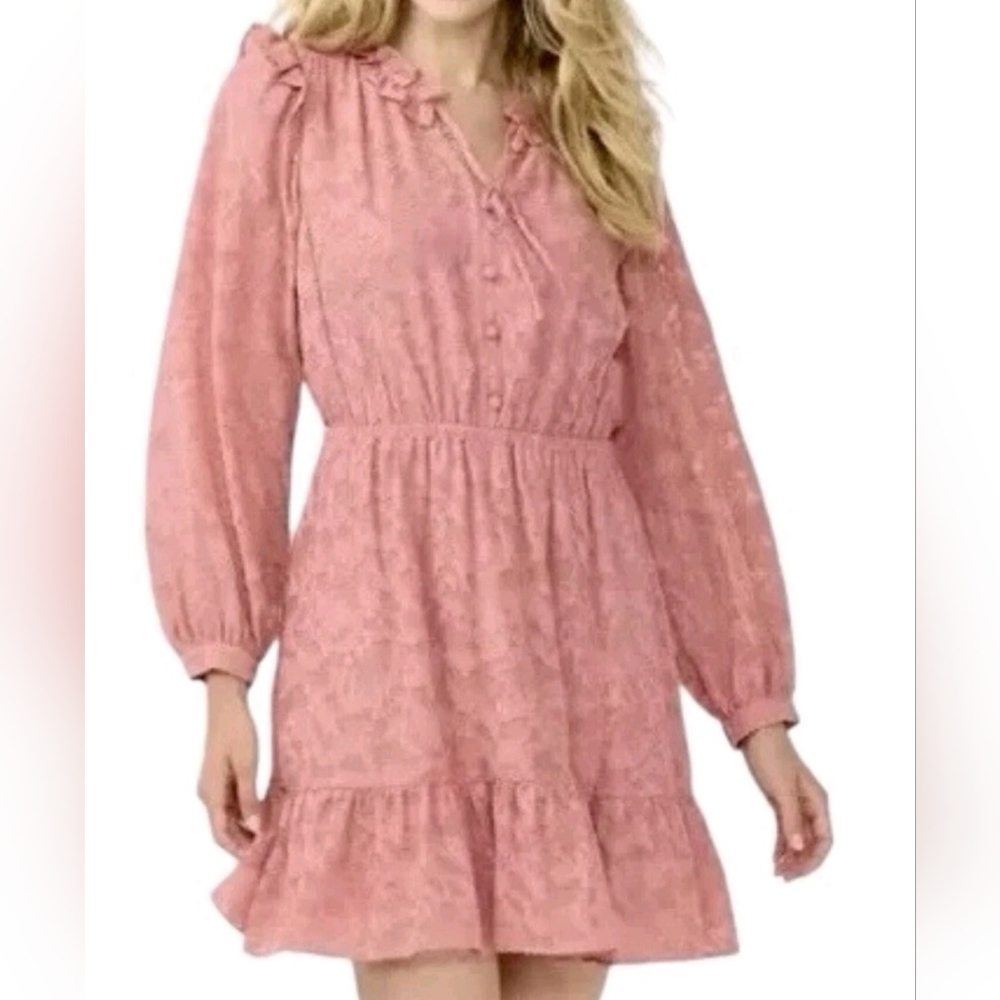 LC Lauren Conrad Pink Lace Long-Sleeve Ruffle Dress